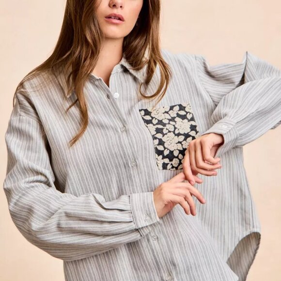 BiBi Flower Jacquard Knit Patch Pocket Stripe Shirt - Picture 10 of 16